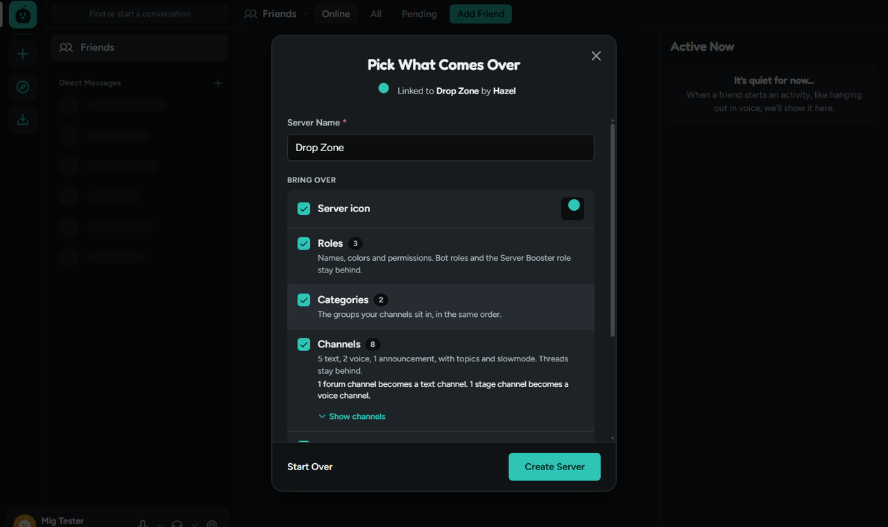 Migrate from Discord in baff.gg: a preview of the channels and roles that will come over, each with a checkbox.